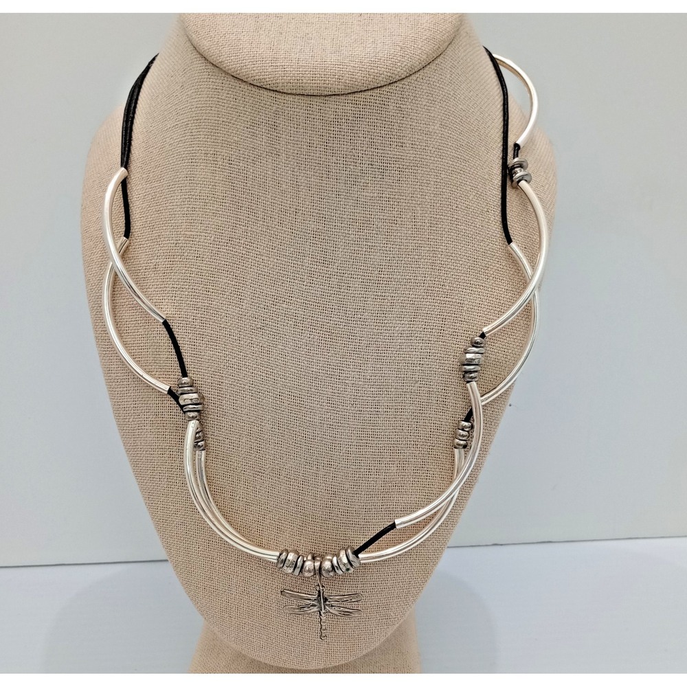 Lizzy James Dragonfly Multi Strand Leather Silver Tone Necklace